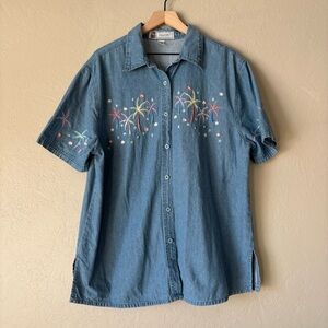 Vintage Embroidered Denim button up shirt Cotton blue Eclectic Palm Trees